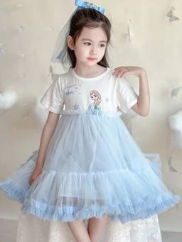Oh Rare - Girls White-Blue Printed Party Dress