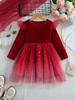 Oh Rare - Girls Red Embellished Long Sleeves Party Dress