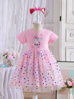 Oh Rare - Girls Pink Unicorn Graphic Printed Short Sleeves Dress with Headband