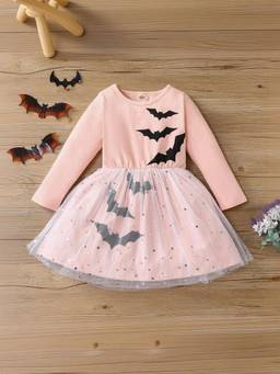 Oh Rare - Girls Peach Halloween Bat Printed Mesh Dress