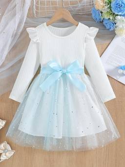 Oh Rare - Girls White-Blue Bow Mesh Dress