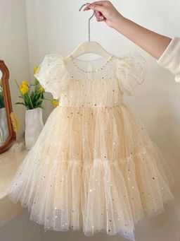Oh Rare - Girls Cream Embellished Puff Sleeves Party Dress