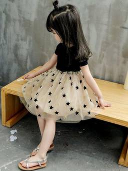 Oh Rare - Girls Black-Beige Printed Dress