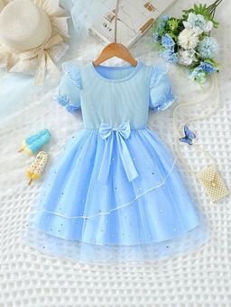Oh Rare - Girls Blue Puff Sleeves Embellished Tulle Party Dress