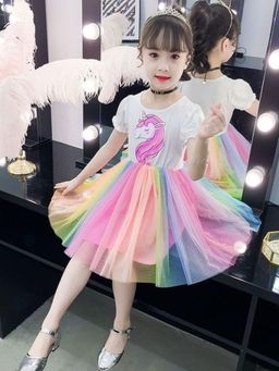 Oh Rare - Girls Multi-Color Rainbow Printed Party Wear Dress