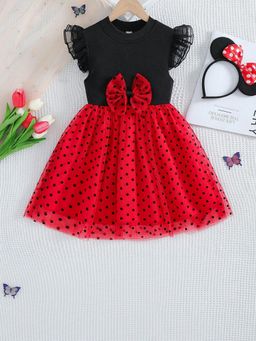 Oh Rare - Girls Black-Red Polka Dot Printed Party Dress