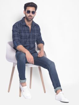 CRIMSOUNE CLUB - Mens Navy Blue Checked Shirt