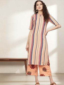 Gerua By Libas - Peach Striped Kurta And Peach Printed Palazzo With Side Pocket (Set of 2)