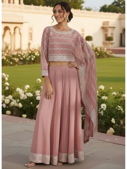 Libas Art - Pink Ethnic Motif Embroidered Top with Solid Wide Leg Palazzo (Set of 2)