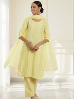 Libas - Womens Yellow Embroidered Kurta with Pant and Dupatta (Set of 3)