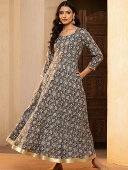 Libas - Grey Bandhani & Floral Printed Fit & Flare Maxi Dress