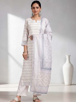 Libas - Women Off White Cotton Blend Embroidered Kurta with Pant and Dupatta (Set of 3)