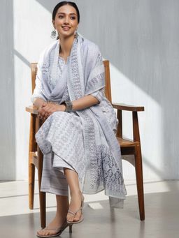 Libas - Women Grey Cotton Blend Embroidered Kurta with Pant and Dupatta (Set of 3)