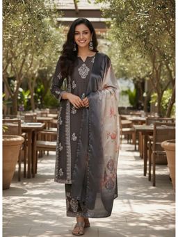 Libas - Women Kurta and Trousers with Dupatta Charcoal (Set of 3)