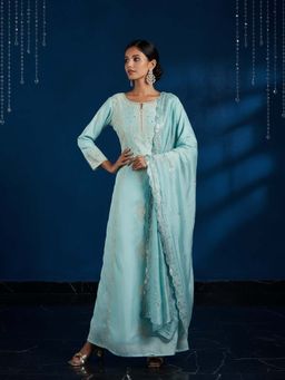 Libas Art - Blue Silk Blend Embroidered A-Line Kurta with Trousers and Dupatta (Set of 3)