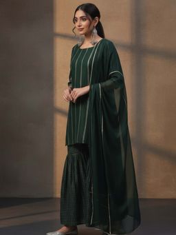 Libas - Women Green Polyester Self Design Kurta with Sharara and Dupatta (Set of 3)