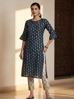 Libas - Women Silk Navy Blue Floral Printed Kurta