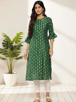 Libas - Women Silk Green Floral Printed Kurta