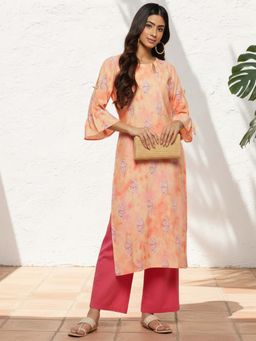 Libas - Women Silk Peach Printed Kurta