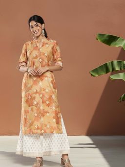 Libas - Women Silk Brown Floral Printed Kurta