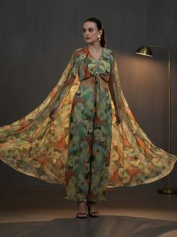 Libas - Green Floral Printed Top with Printed Palazzo & Shrug (Set of 3)