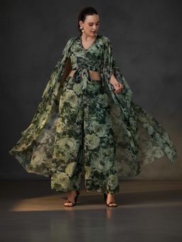 Libas - Green Floral Printed Top with Printed Palazzo & Shrug (Set of 3)
