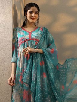 Libas - Blue Floral Printed Pleated Chiffon Kurta Palazzo & Dupatta (Set of 3)