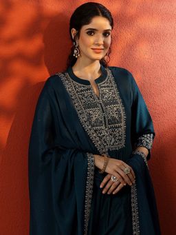 Libas - Women Embroidered Kurta Pant with Dupatta - Teal (Set of 3)