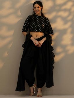 Libas - Black Pre-Draped Solid Frill Saree with Sequence Stitched Blouse