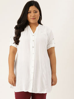 theRebelinme - Plus Size Womens White Solid Colour Longline Casual Shirt