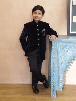 devils n angels - Navy Blue Velvet Jodhpuri Suit for Wedding for Boys (Set of 4)