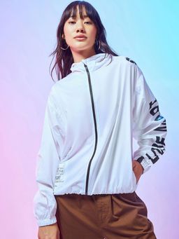 Bewakoof - Air 1.0 Women's White Hype Mart Graphic Printed Oversized Plus Size Windcheater Jacket