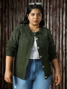 High Star - Plus Size Women Olive Acrylic Self Design Regular Round Neck Cardigans