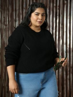 High Star - Plus Size Women Black Acrylic Self Design Regular Round Neck Sweater