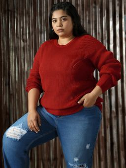 High Star - Plus Size Women Red Acrylic Self Design Regular Round Neck Sweater