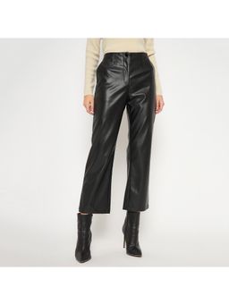 Madame - Straight Fit Solid Black Faux Leather Pant
