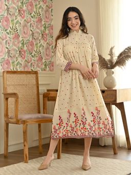 Rustorange - Cream Polka Dots and Flora Fit and Flare Dress