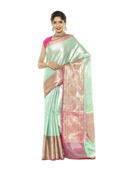 Banarasi Silk Works - Sea Green Kanchi Silk Pink Pattu Border Saree with Unstitched Blouse