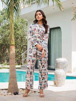 Divena - White Floral Printed Rayon Co-Ord (Set of 2)