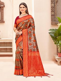 EXCLUSIVA - Red Handloom Silk Saree with Unstitched Blouse