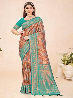 EXCLUSIVA - Blue Handloom Silk Saree with Unstitched Blouse