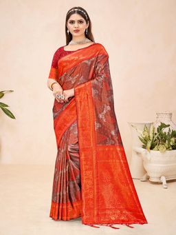 EXCLUSIVA - Red Handloom Silk Saree with Unstitched Blouse