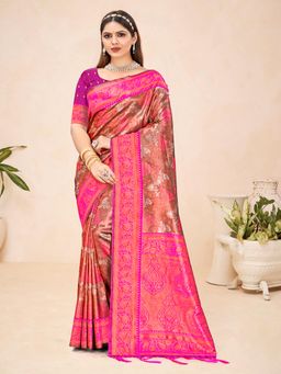 EXCLUSIVA - Pink Handloom Silk Saree with Unstitched Blouse