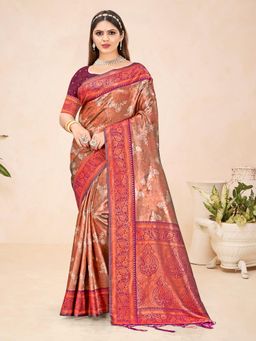 EXCLUSIVA - Wine Handloom Silk Saree with Unstitched Blouse