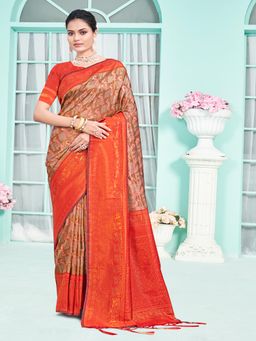 EXCLUSIVA - Red Handloom Silk Saree with Unstitched Blouse