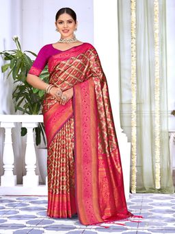 EXCLUSIVA - Pink Handloom Silk Saree with Unstitched Blouse