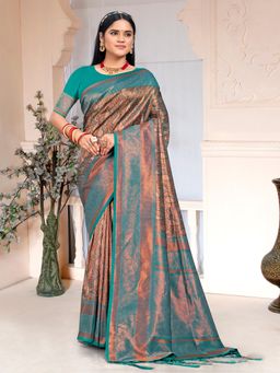 EXCLUSIVA - Teal Handloom Silk Saree with Unstitched Blouse