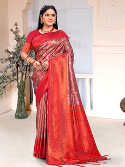 EXCLUSIVA - Red Handloom Silk Saree with Unstitched Blouse