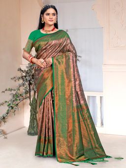 EXCLUSIVA - Green Handloom Silk Saree with Unstitched Blouse