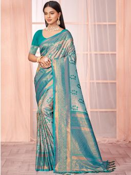 EXCLUSIVA - Blue Handloom Silk Saree with Unstitched Blouse